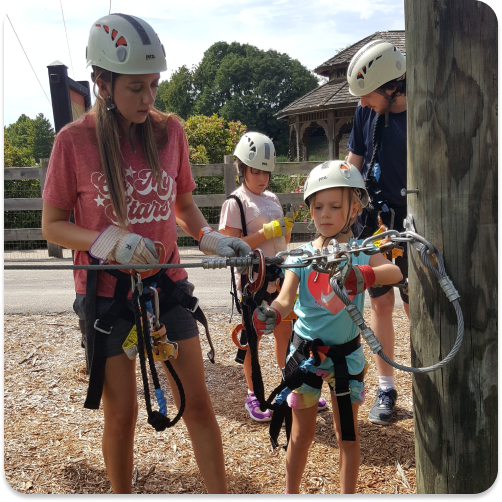 kids getting ready to start an aerial adventure challenge course