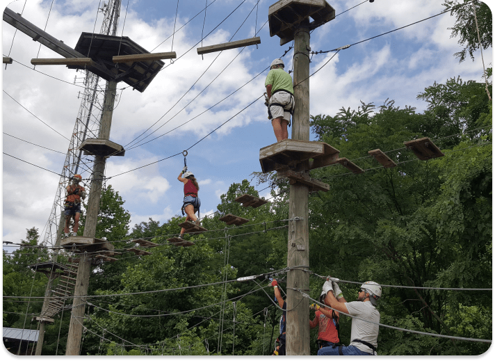 People up on platforms working through an aerial obstacle course