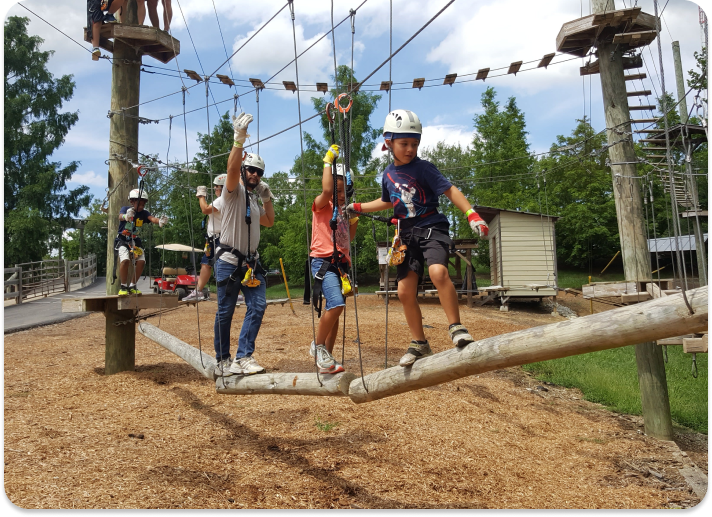 kids working their way through an aerial adventure course