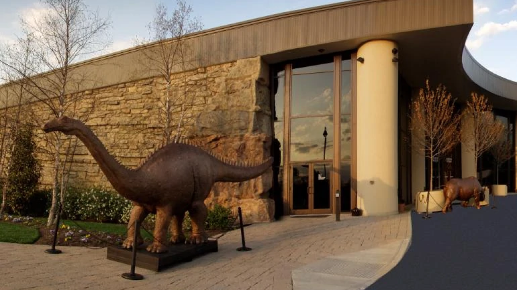 big dino statue in front of the Creation Museum Entrance